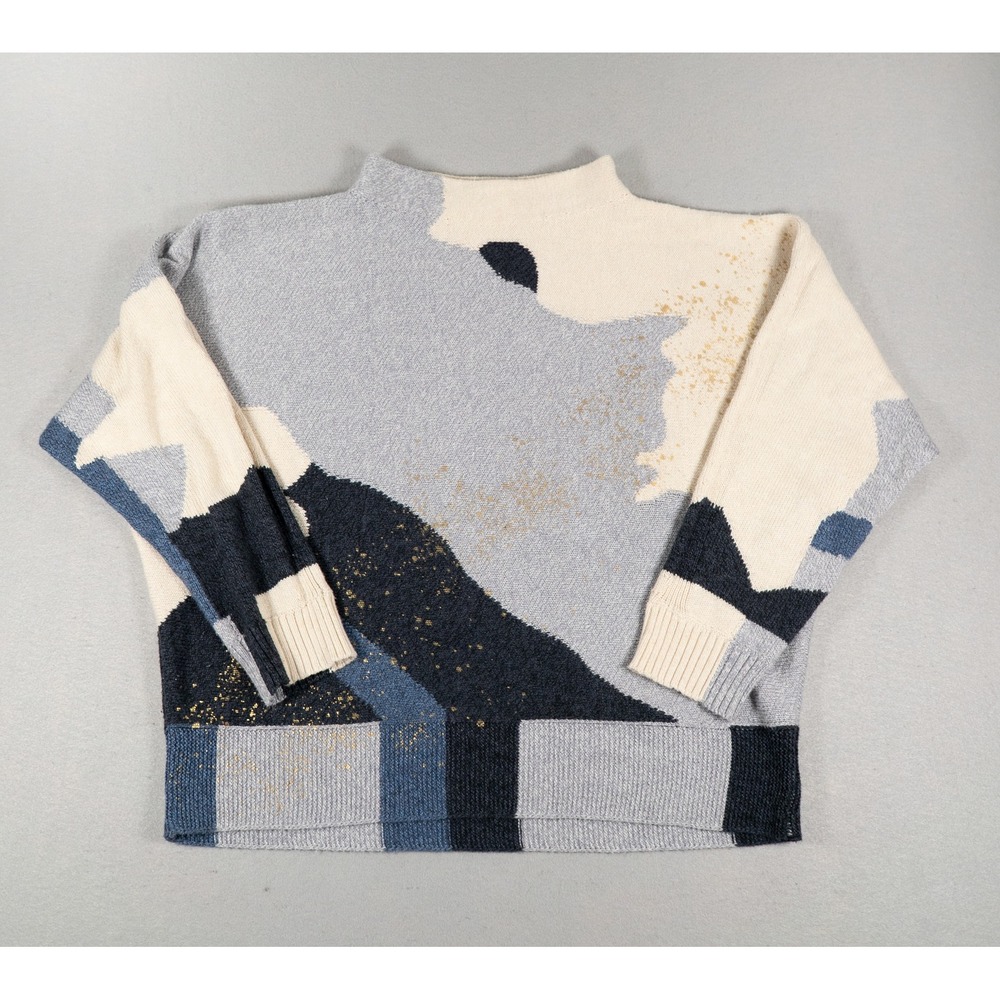 NIC+ZOE Womens Sweater L Abstract Colorblock Metallic Gold Mock Neck Knit Top